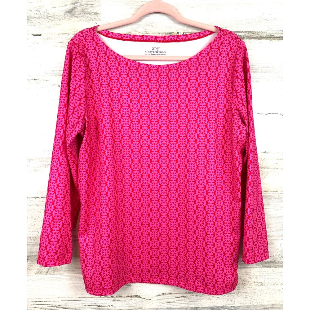 Vineyard Vines Womens L Pink Sankaty Performance Tee 3/4 Sleeve Coastal